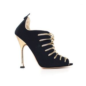 Brian Atwood Naiya Black and Gold Silk Crepe Peep-Toe High-Heel Bootie Size EU42